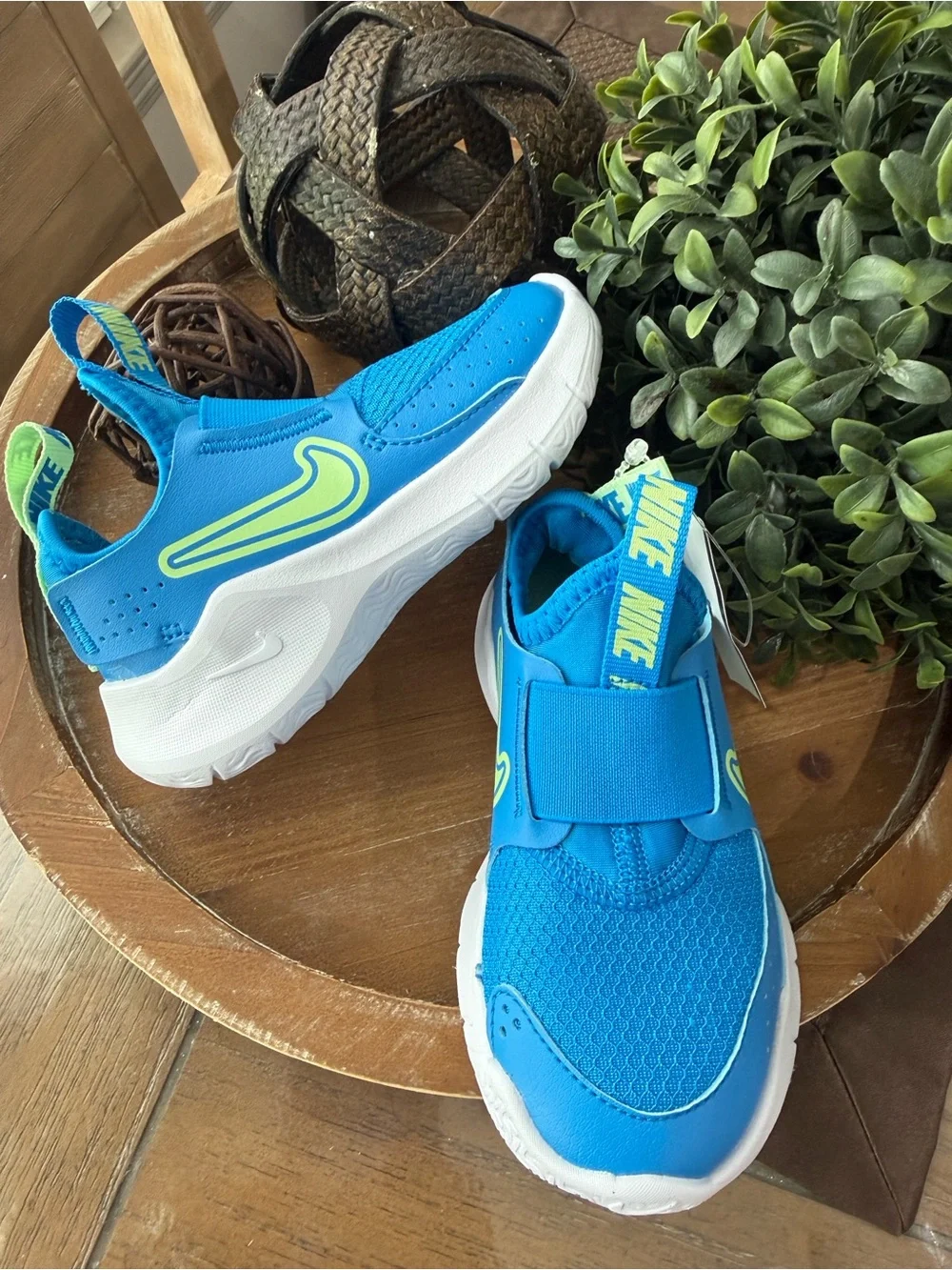 Nike Kids Slip-On Sneakers in Bright Blue with Neon Green Swoosh
